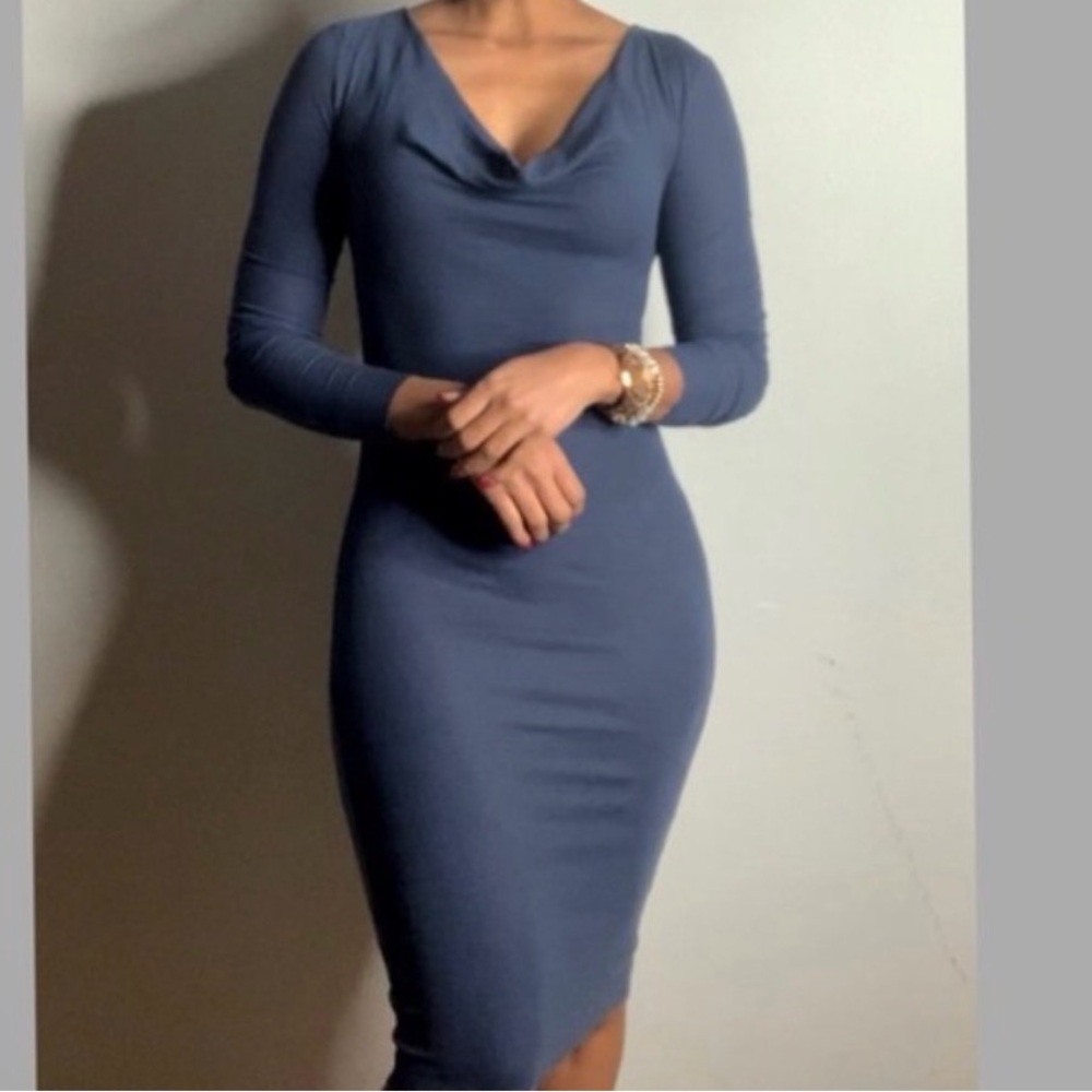 BCBGMaxAzria Cowl Neck Bodycon Long Sleeve Sweater Dress Dusty Blue Size Small